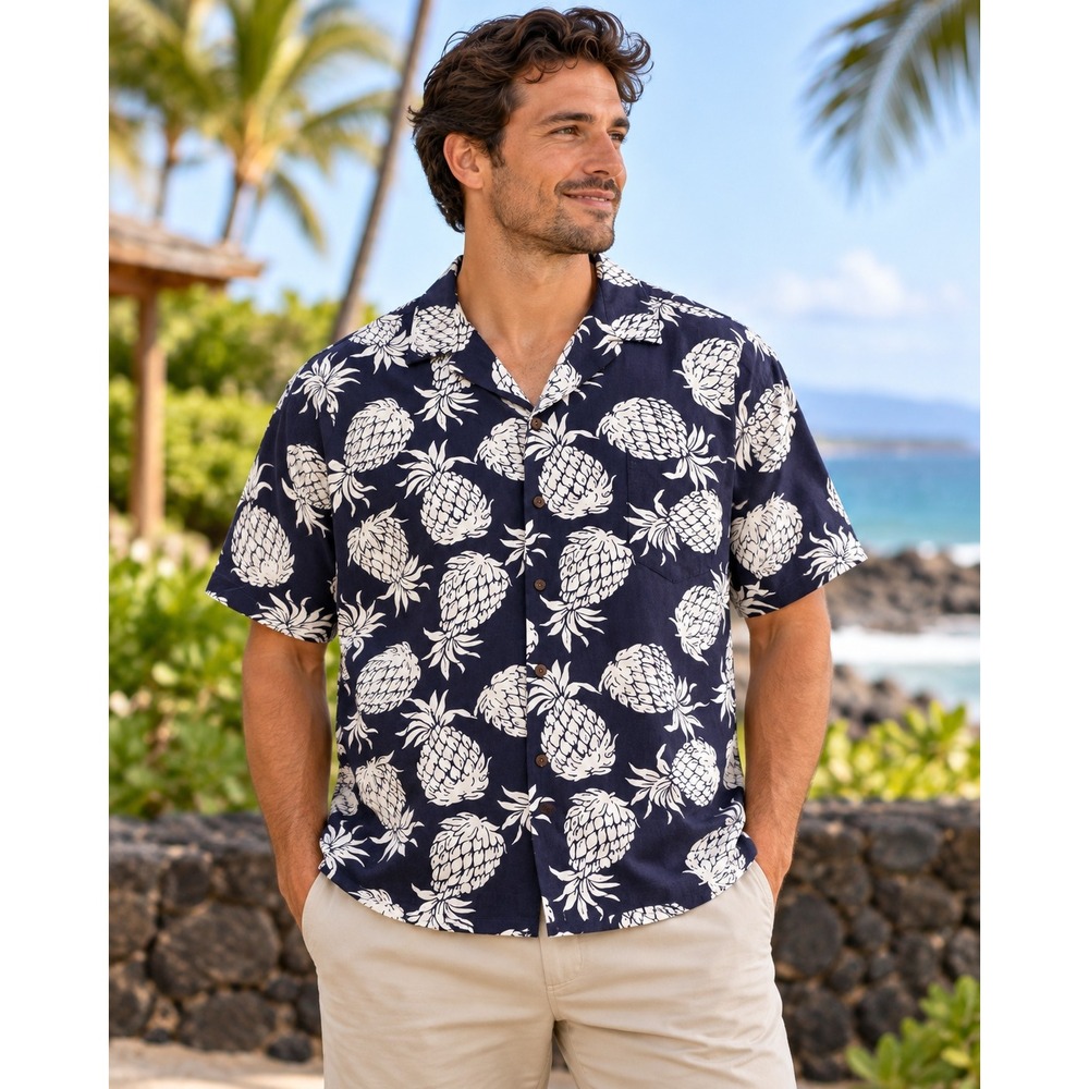 Hilo Hattie Pineapple Shirt Navy Blue Short Sleeve Cotton Rayon Aloha XL